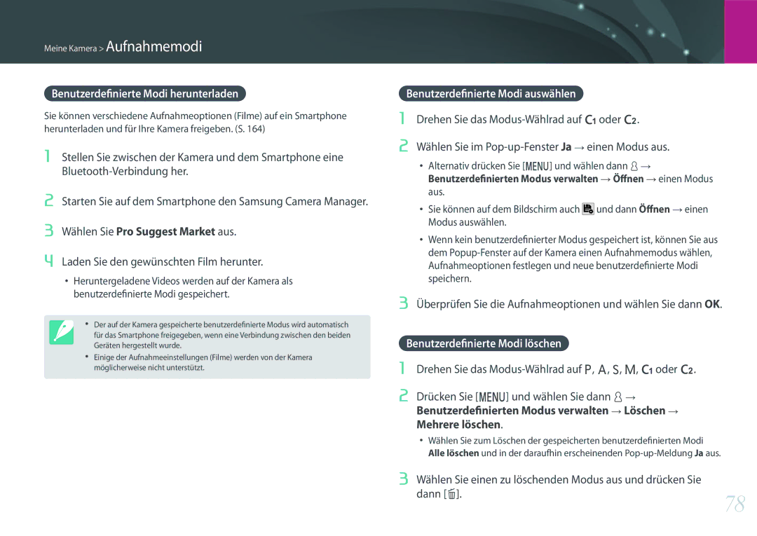 Samsung EV-NXF1ZZB4HDE manual Benutzerdefinierte Modi herunterladen, Wählen Sie Pro Suggest Market aus, Mehrere löschen 