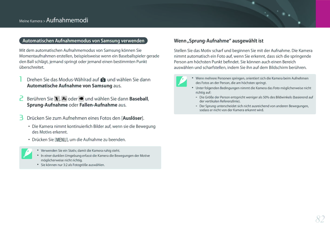 Samsung EV-NXF1ZZB2QDE manual Wenn„Sprung-Aufnahme ausgewählt ist, Automatischen Aufnahmemodus von Samsung verwenden 