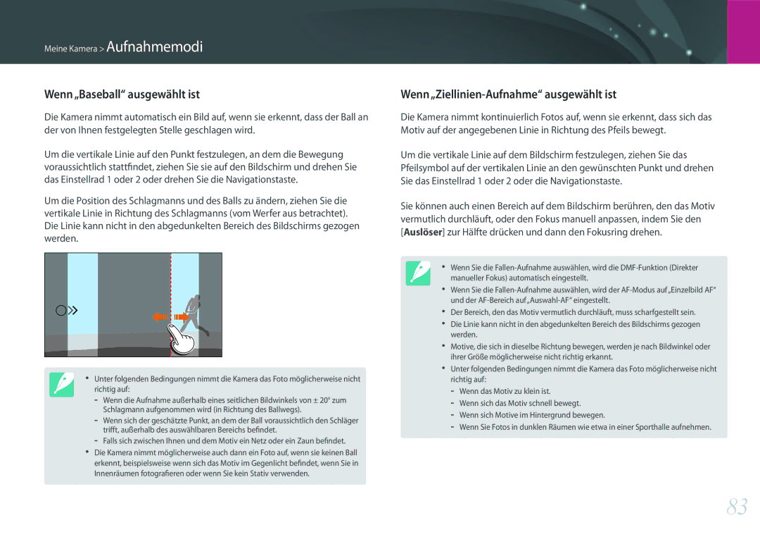 Samsung EV-NXF1ZZB2IDE, EV-NX1ZZZBMBDE manual Wenn„Baseball ausgewählt ist, Wenn„Ziellinien-Aufnahme ausgewählt ist 