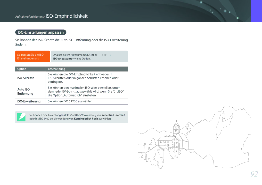 Samsung EV-NXF1ZZB1IDE, EV-NX1ZZZBMBDE ISO-Einstellungen anpassen, ISO-Schritte, Auto ISO, Entfernung, ISO-Erweiterung 
