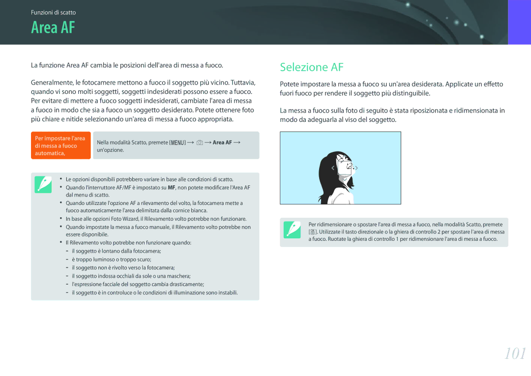 Samsung EV-NX1ZZZBZBTR, EV-NX1ZZZBZBIT, EV-NXF1ZZB2HIT manual Area AF, 101, Selezione AF 