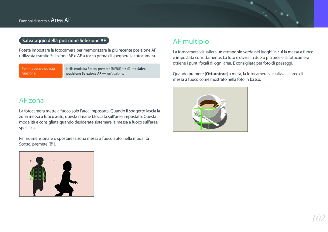 Samsung EV-NX1ZZZBZBIT, EV-NX1ZZZBZBTR, EV-NXF1ZZB2HIT 102, AF zona, AF multiplo, Salvataggio della posizione Selezione AF 