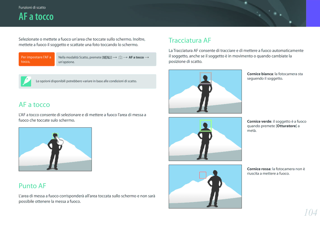 Samsung EV-NX1ZZZBZBTR, EV-NX1ZZZBZBIT, EV-NXF1ZZB2HIT manual AF a tocco, 104, Punto AF, Tracciatura AF 