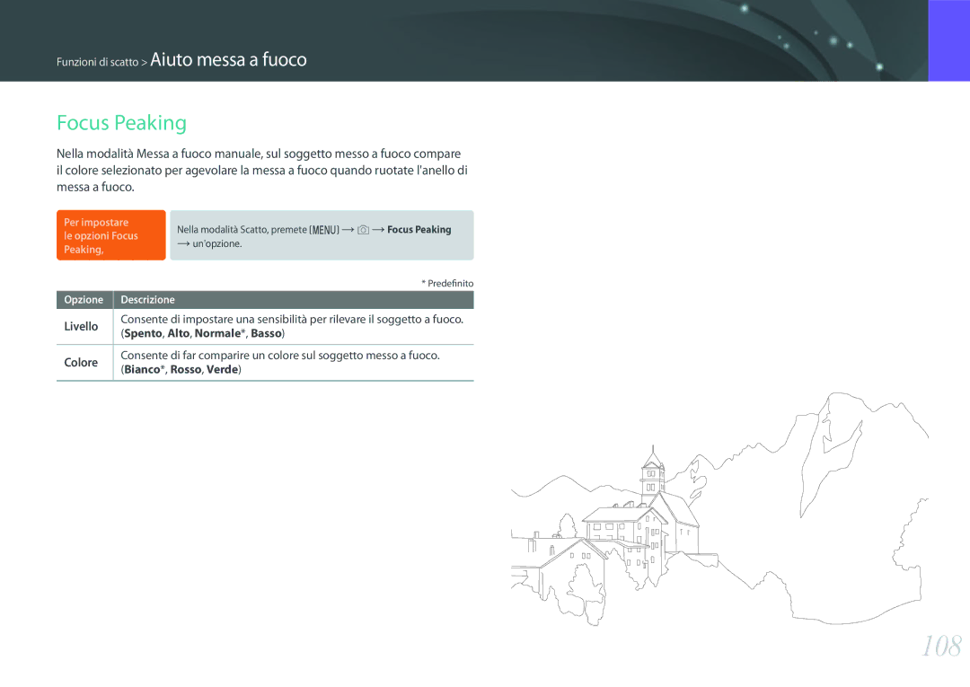 Samsung EV-NX1ZZZBZBIT, EV-NX1ZZZBZBTR, EV-NXF1ZZB2HIT manual 108, Focus Peaking, Livello, Colore 
