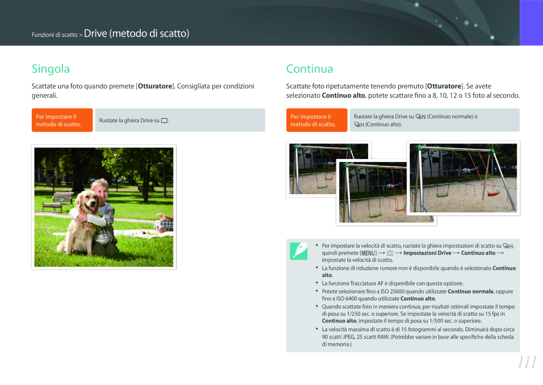 Samsung EV-NX1ZZZBZBIT, EV-NX1ZZZBZBTR manual 111, Singola, Continua, Fino a ISO 6400 quando utilizzate Continuo alto 