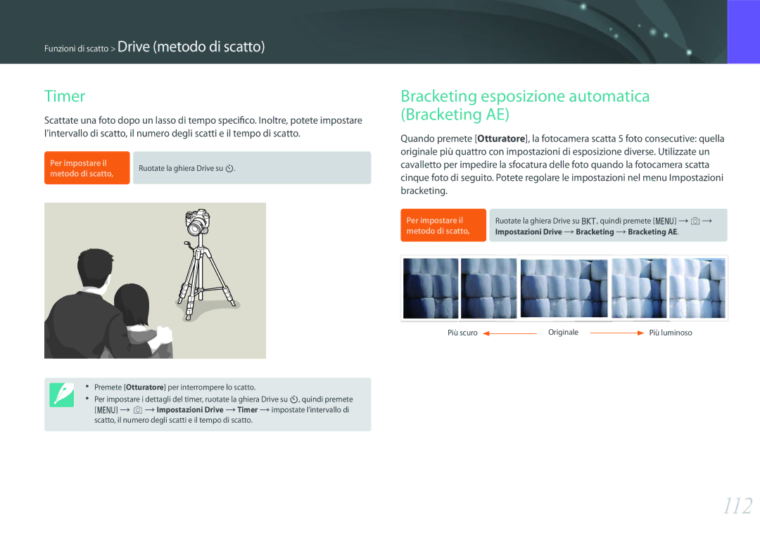 Samsung EV-NXF1ZZB2HIT, EV-NX1ZZZBZBTR, EV-NX1ZZZBZBIT manual 112, Timer, Bracketing esposizione automatica Bracketing AE 