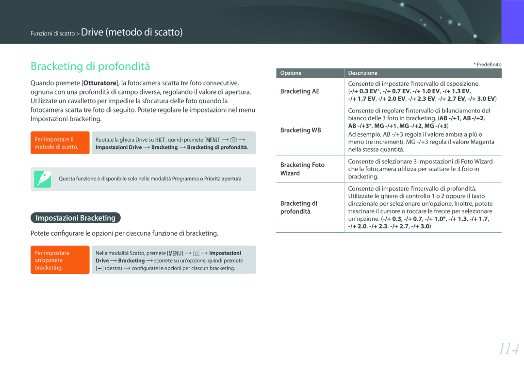 Samsung EV-NX1ZZZBZBIT, EV-NX1ZZZBZBTR, EV-NXF1ZZB2HIT manual 114, Bracketing di profondità, Impostazioni Bracketing 