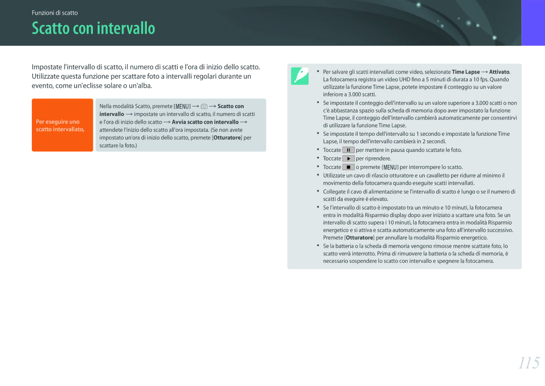 Samsung EV-NXF1ZZB2HIT, EV-NX1ZZZBZBTR, EV-NX1ZZZBZBIT manual Scatto con intervallo, 115 