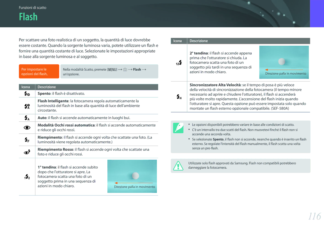 Samsung EV-NX1ZZZBZBTR, EV-NX1ZZZBZBIT, EV-NXF1ZZB2HIT manual Flash, 116, Azioni in modo chiaro 