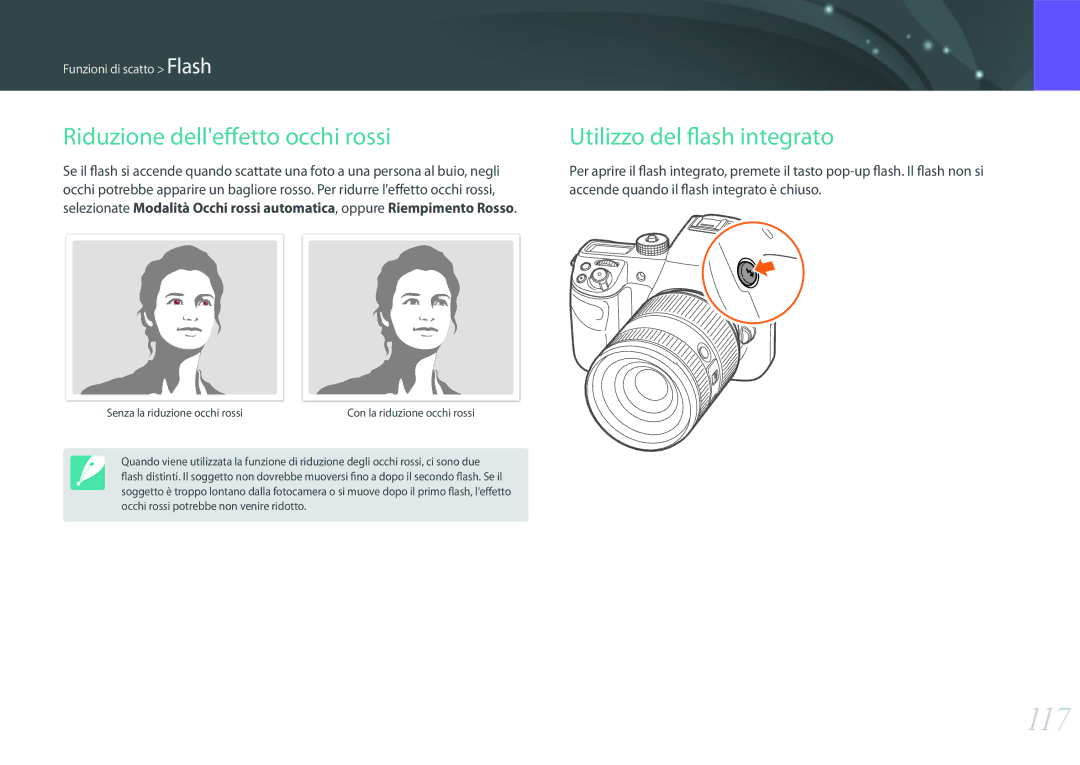 Samsung EV-NX1ZZZBZBIT, EV-NX1ZZZBZBTR, EV-NXF1ZZB2HIT 117, Riduzione delleffetto occhi rossi, Utilizzo del flash integrato 