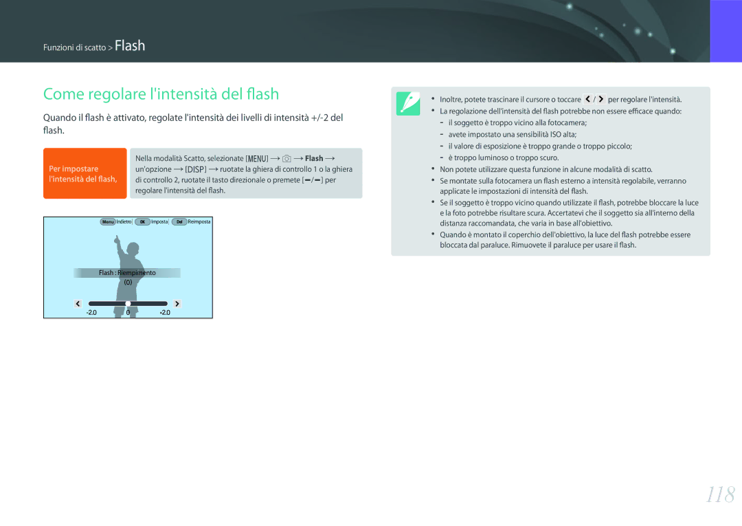 Samsung EV-NXF1ZZB2HIT, EV-NX1ZZZBZBTR manual 118, Come regolare lintensità del flash, Nella modalità Scatto, selezionate m 