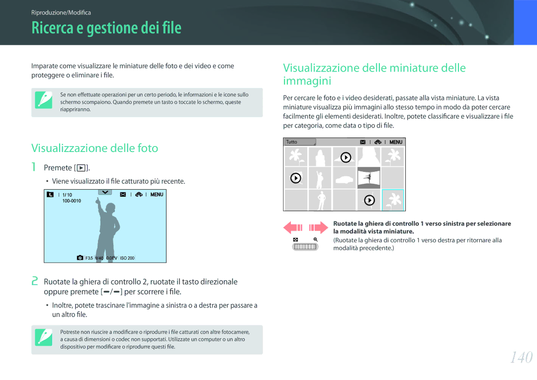 Samsung EV-NX1ZZZBZBTR, EV-NX1ZZZBZBIT manual Ricerca e gestione dei file, 140, Visualizzazione delle foto, Premete y 