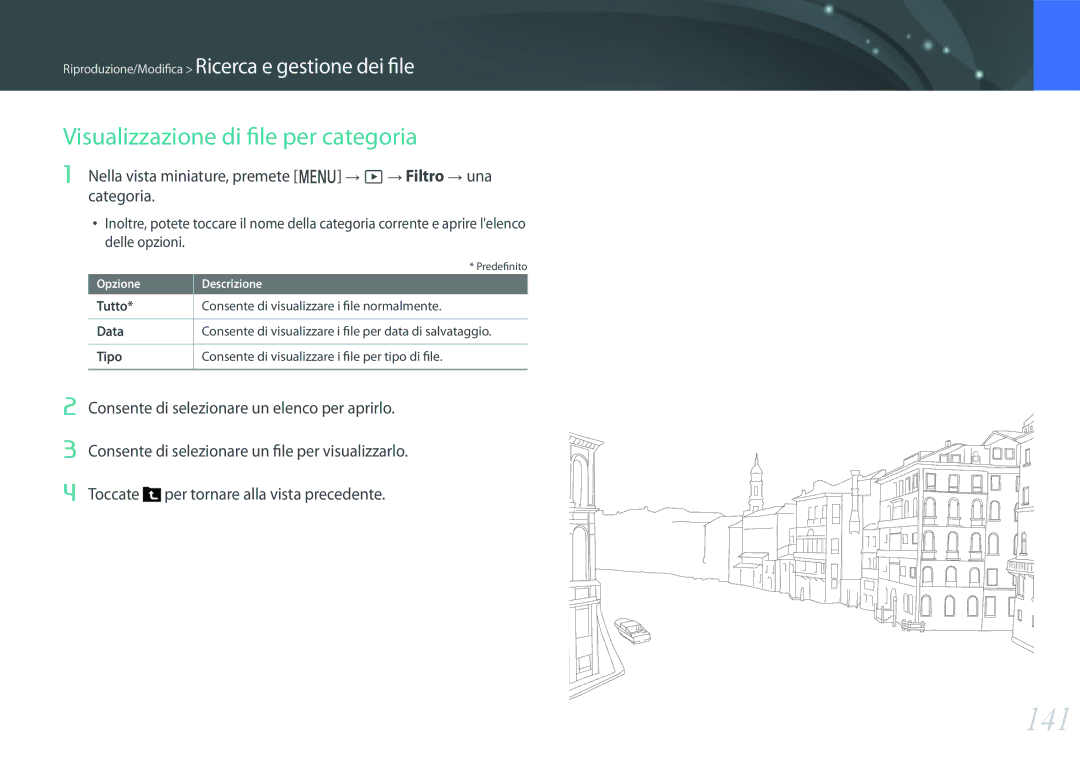 Samsung EV-NX1ZZZBZBIT, EV-NX1ZZZBZBTR, EV-NXF1ZZB2HIT manual 141, Visualizzazione di file per categoria 