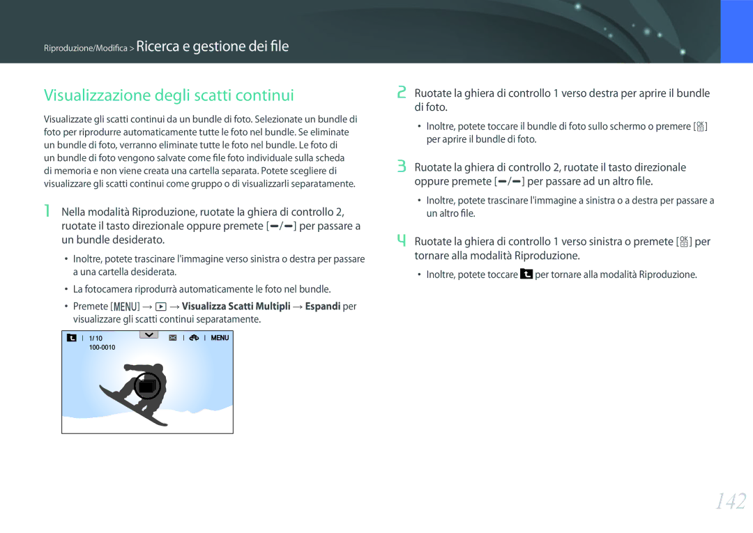 Samsung EV-NXF1ZZB2HIT, EV-NX1ZZZBZBTR, EV-NX1ZZZBZBIT manual 142, Visualizzazione degli scatti continui 