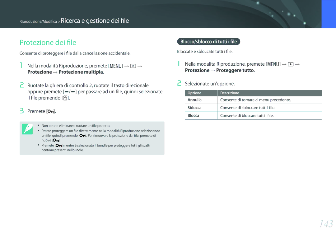 Samsung EV-NX1ZZZBZBTR, EV-NX1ZZZBZBIT manual 143, Protezione dei file, Protezione multipla, Blocco/sblocco di tutti i file 
