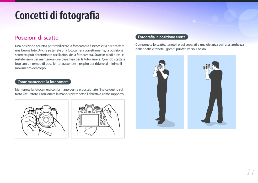 Samsung EV-NX1ZZZBZBTR, EV-NX1ZZZBZBIT, EV-NXF1ZZB2HIT manual Come mantenere la fotocamera, Fotografia in posizione eretta 