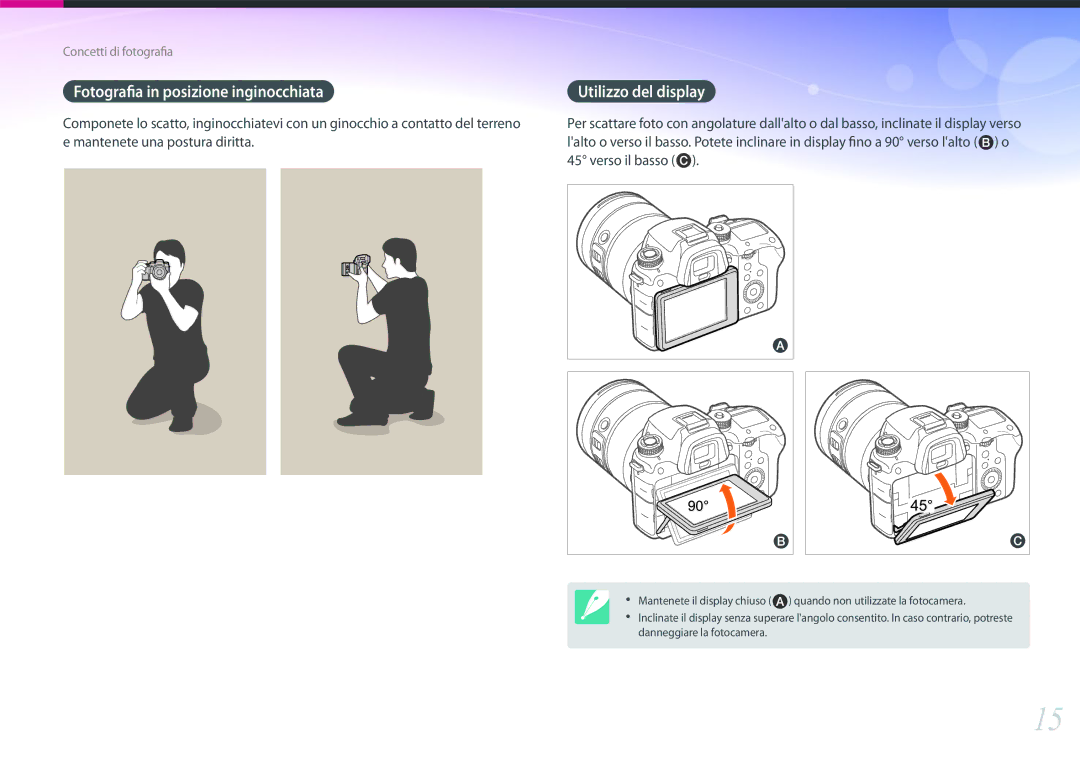 Samsung EV-NX1ZZZBZBIT, EV-NX1ZZZBZBTR, EV-NXF1ZZB2HIT manual Fotografia in posizione inginocchiata, Utilizzo del display 