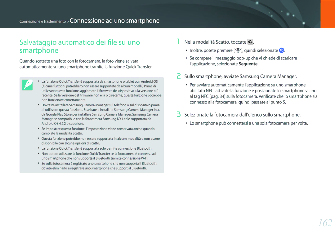 Samsung EV-NX1ZZZBZBIT manual 162, Salvataggio automatico dei file su uno smartphone, Nella modalità Scatto, toccate 