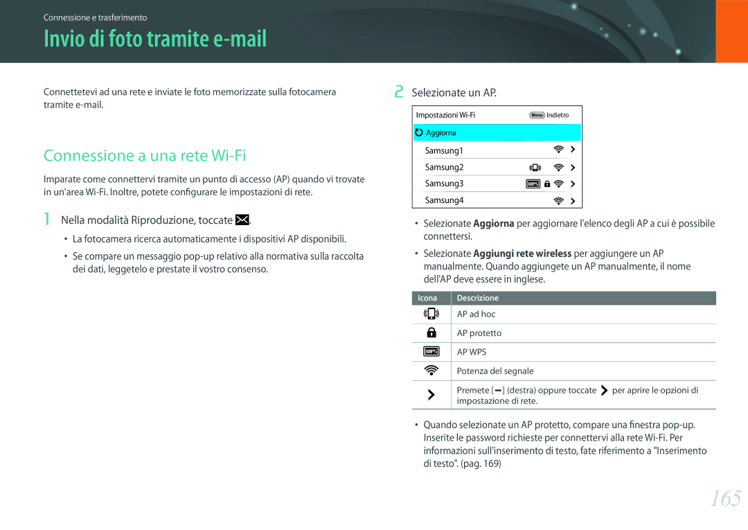 Samsung EV-NX1ZZZBZBIT Invio di foto tramite e-mail, 165, Connessione a una rete Wi-Fi, AP ad hoc AP protetto, Aggiorna 