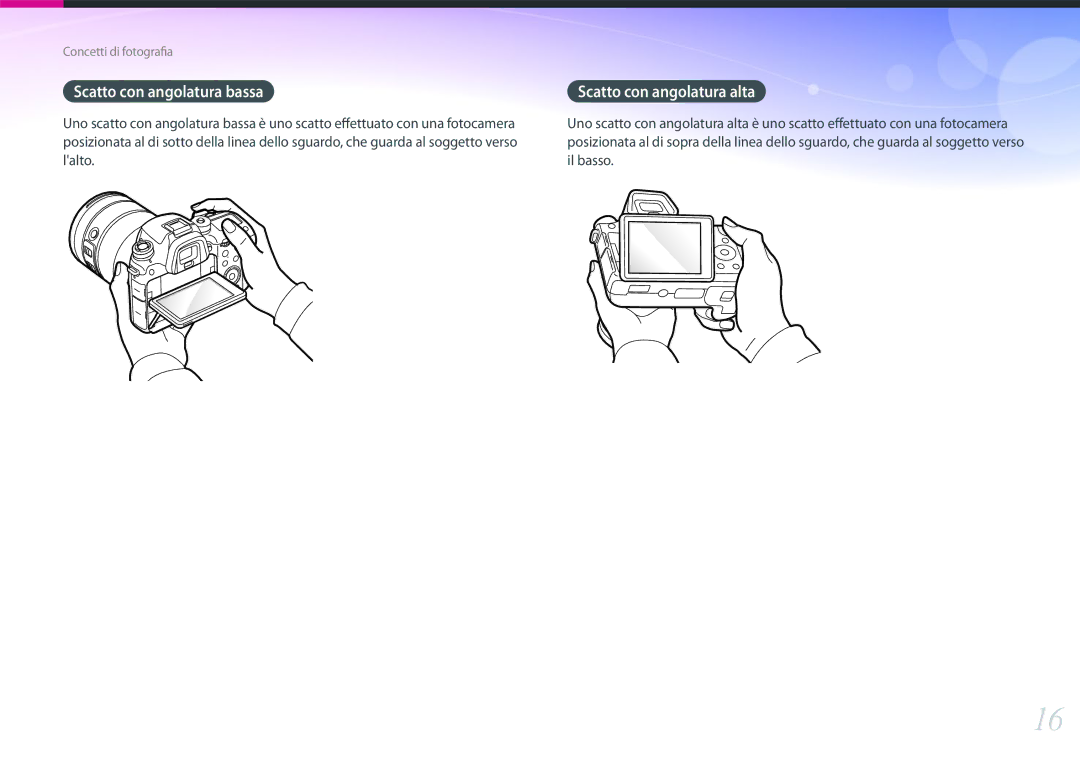 Samsung EV-NXF1ZZB2HIT, EV-NX1ZZZBZBTR, EV-NX1ZZZBZBIT manual Scatto con angolatura bassa, Scatto con angolatura alta 