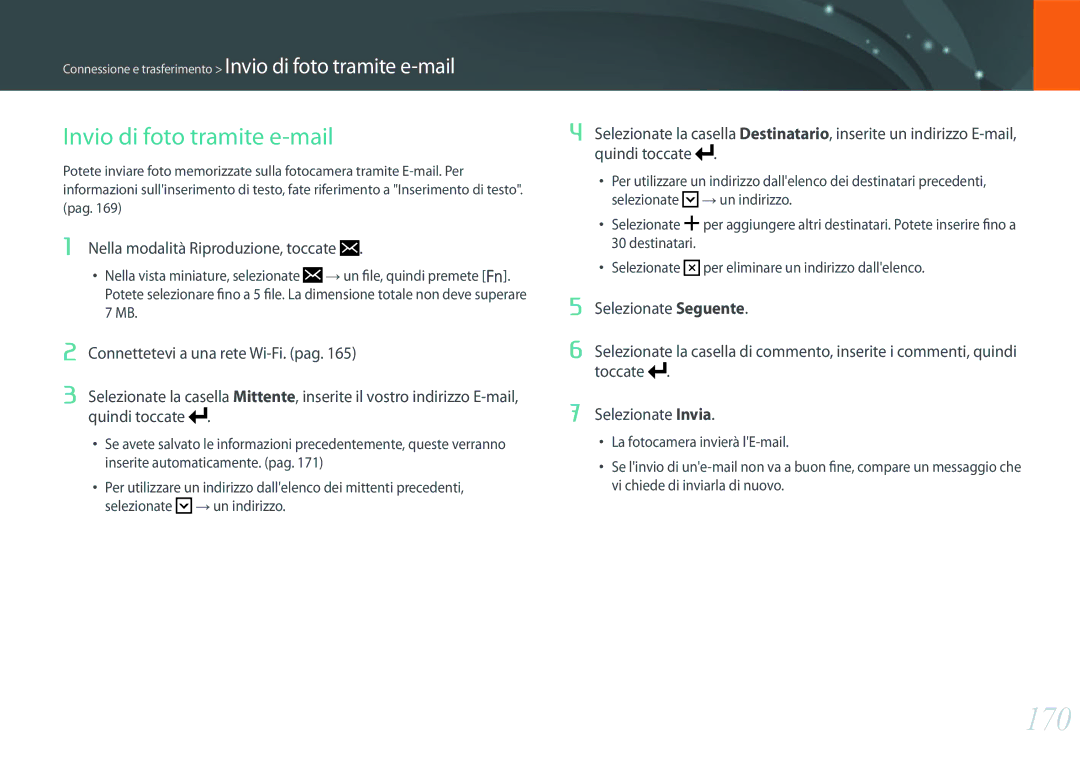 Samsung EV-NX1ZZZBZBTR, EV-NX1ZZZBZBIT, EV-NXF1ZZB2HIT manual 170, Invio di foto tramite e-mail 