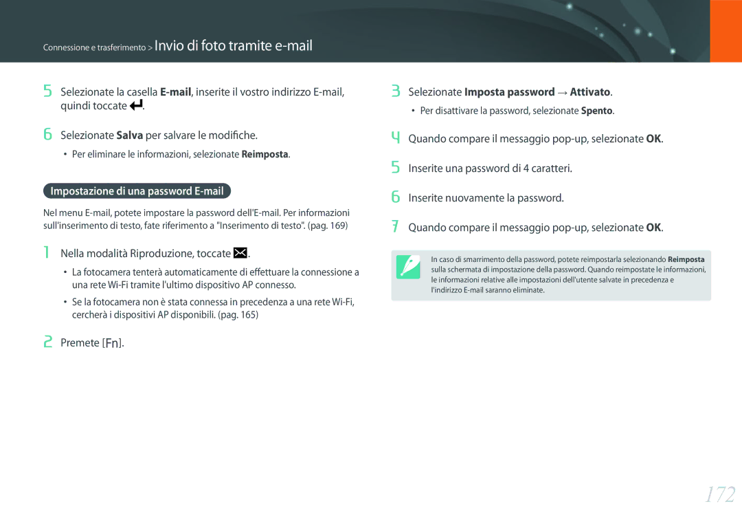 Samsung EV-NXF1ZZB2HIT manual 172, Selezionate Salva per salvare le modifiche, Impostazione di una password E-mail 