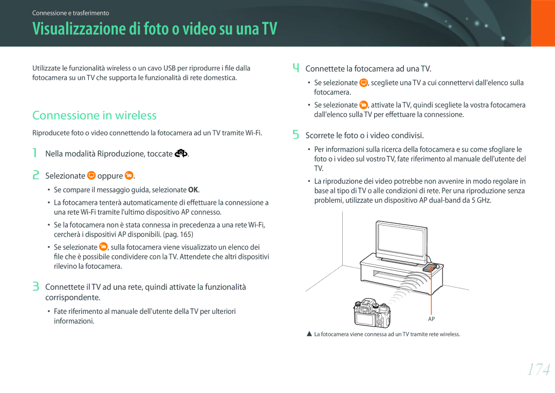 Samsung EV-NX1ZZZBZBIT manual 174, Connessione in wireless, Selezionate oppure, Connettete la fotocamera ad una TV 