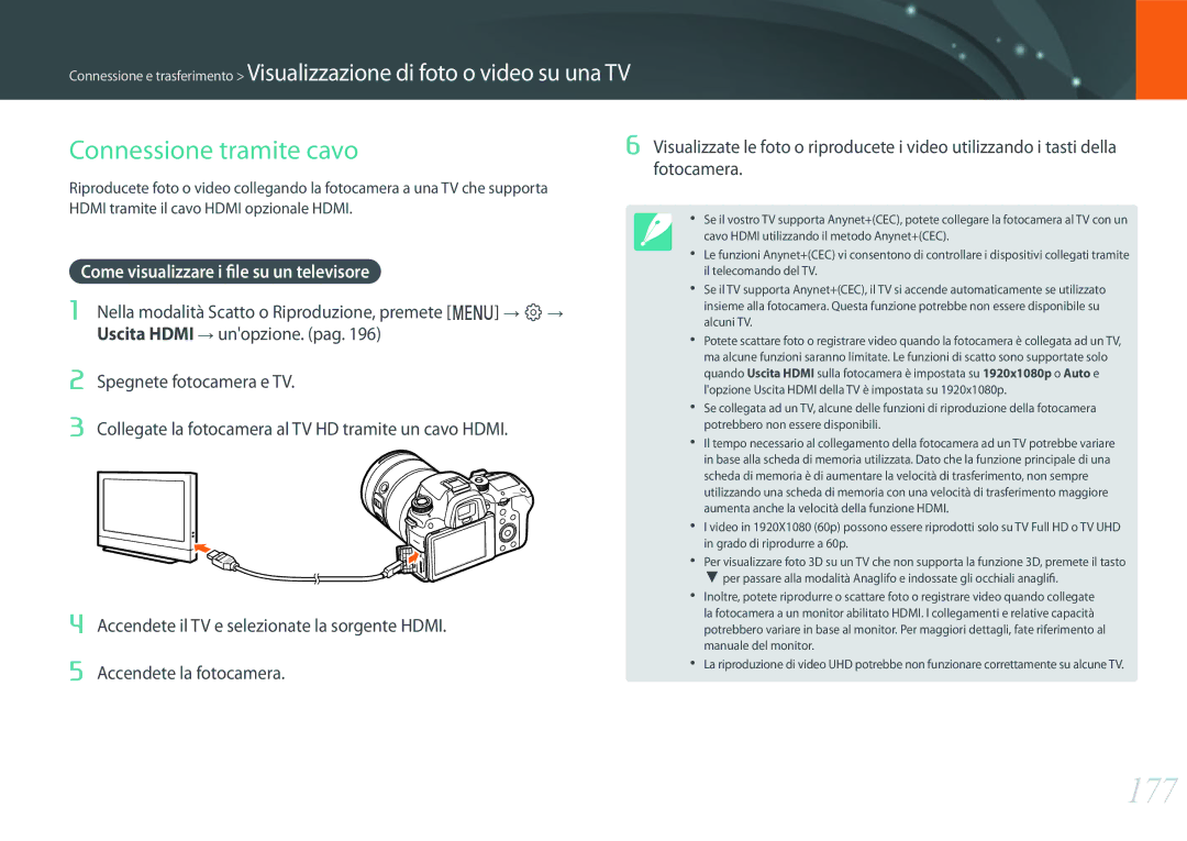 Samsung EV-NX1ZZZBZBIT 177, Connessione tramite cavo, Come visualizzare i file su un televisore, Accendete la fotocamera 