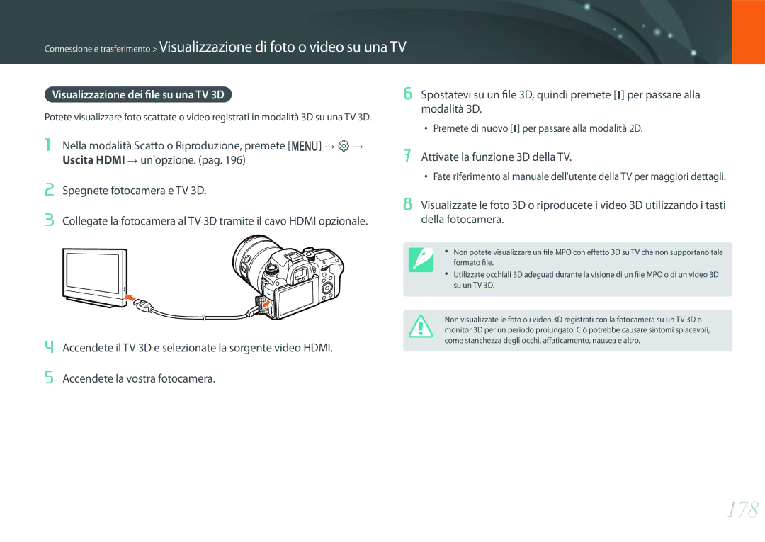 Samsung EV-NXF1ZZB2HIT, EV-NX1ZZZBZBTR manual 178, Visualizzazione dei file su una TV 3D, Spegnete fotocamera e TV 3D 