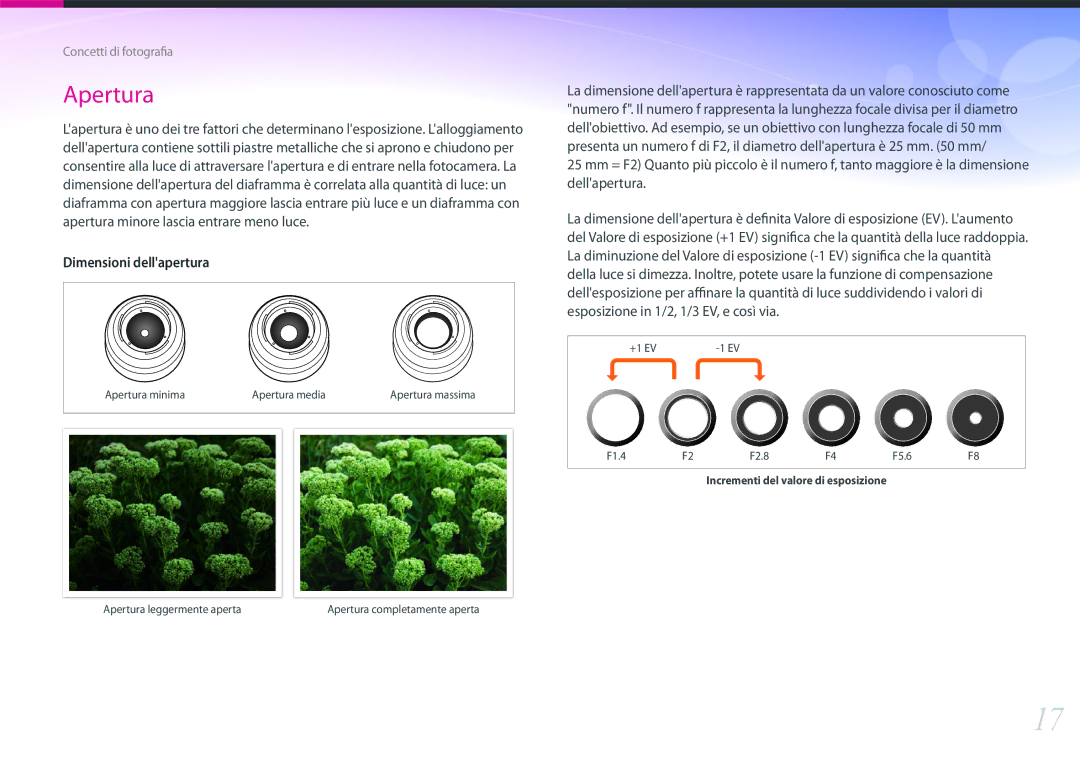 Samsung EV-NX1ZZZBZBTR, EV-NX1ZZZBZBIT, EV-NXF1ZZB2HIT manual +1 EV F1.4 F2.8 F5.6, Apertura leggermente aperta 
