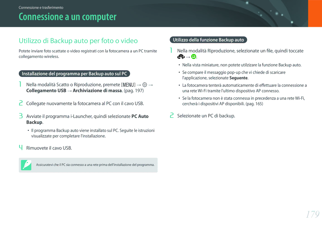 Samsung EV-NX1ZZZBZBTR, EV-NX1ZZZBZBIT manual Connessione a un computer, 179, Utilizzo di Backup auto per foto o video 