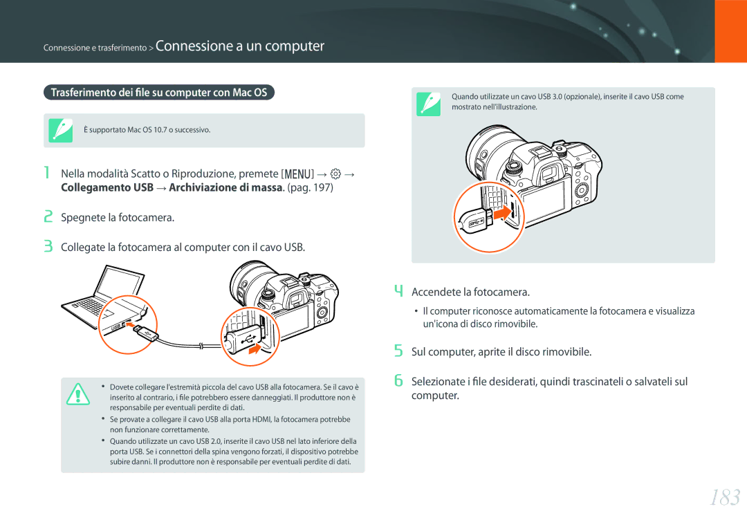 Samsung EV-NX1ZZZBZBIT 183, Trasferimento dei file su computer con Mac OS, Collegamento USB Archiviazione di massa. pag 