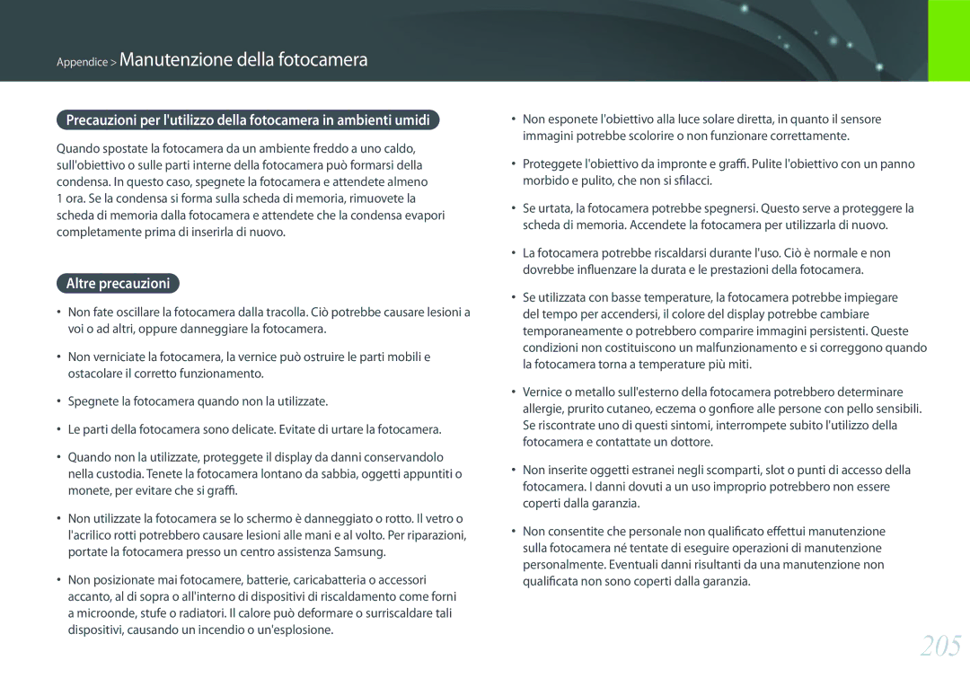 Samsung EV-NXF1ZZB2HIT, EV-NX1ZZZBZBTR, EV-NX1ZZZBZBIT manual 205, Altre precauzioni 