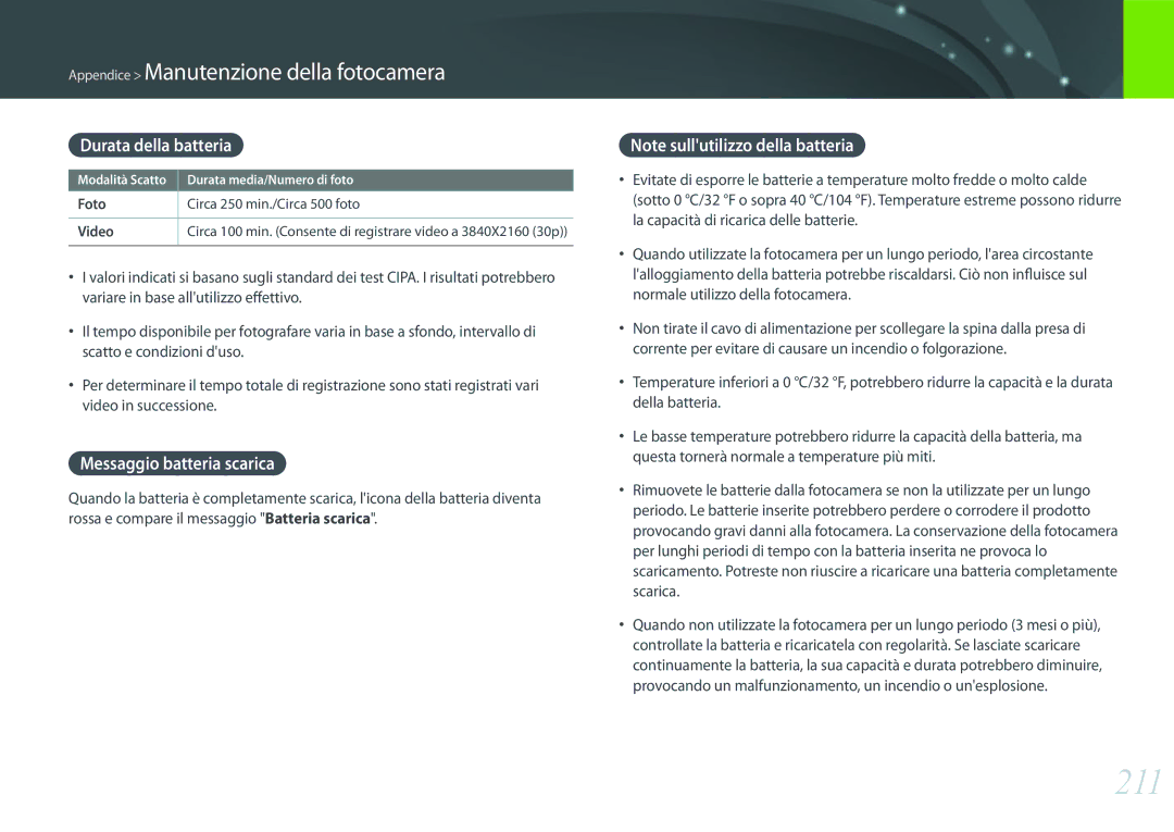 Samsung EV-NXF1ZZB2HIT manual 211, Durata della batteria, Messaggio batteria scarica, Circa 250 min./Circa 500 foto 