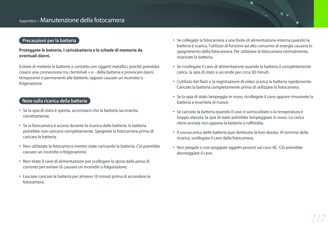 Samsung EV-NX1ZZZBZBTR, EV-NX1ZZZBZBIT, EV-NXF1ZZB2HIT manual 212, Precauzioni per la batteria 