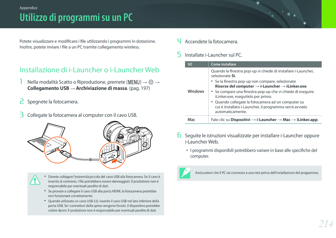 Samsung EV-NXF1ZZB2HIT, EV-NX1ZZZBZBTR, EV-NX1ZZZBZBIT manual 214, Installazione di i-Launcher o i-Launcher Web, Windows, Mac 