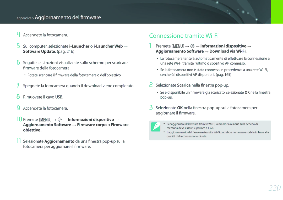 Samsung EV-NXF1ZZB2HIT, EV-NX1ZZZBZBTR 220, Connessione tramite Wi-Fi, Software Update. pag, Firmware della fotocamera 