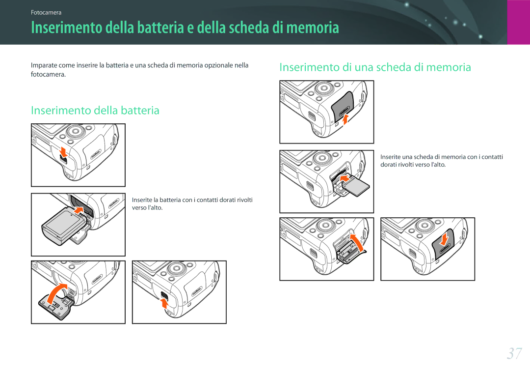 Samsung EV-NXF1ZZB2HIT, EV-NX1ZZZBZBTR, EV-NX1ZZZBZBIT manual Inserimento della batteria e della scheda di memoria 