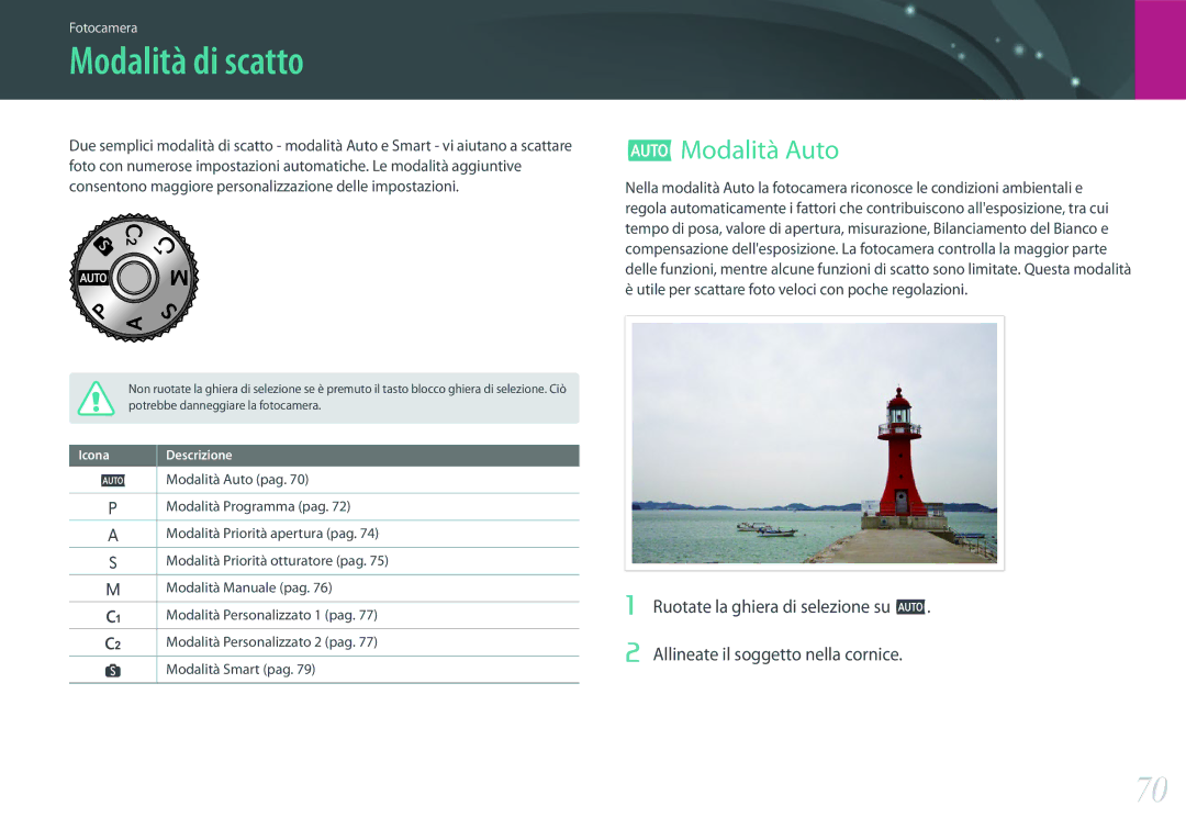 Samsung EV-NXF1ZZB2HIT, EV-NX1ZZZBZBTR manual Modalità di scatto, Modalità Auto, Potrebbe danneggiare la fotocamera 