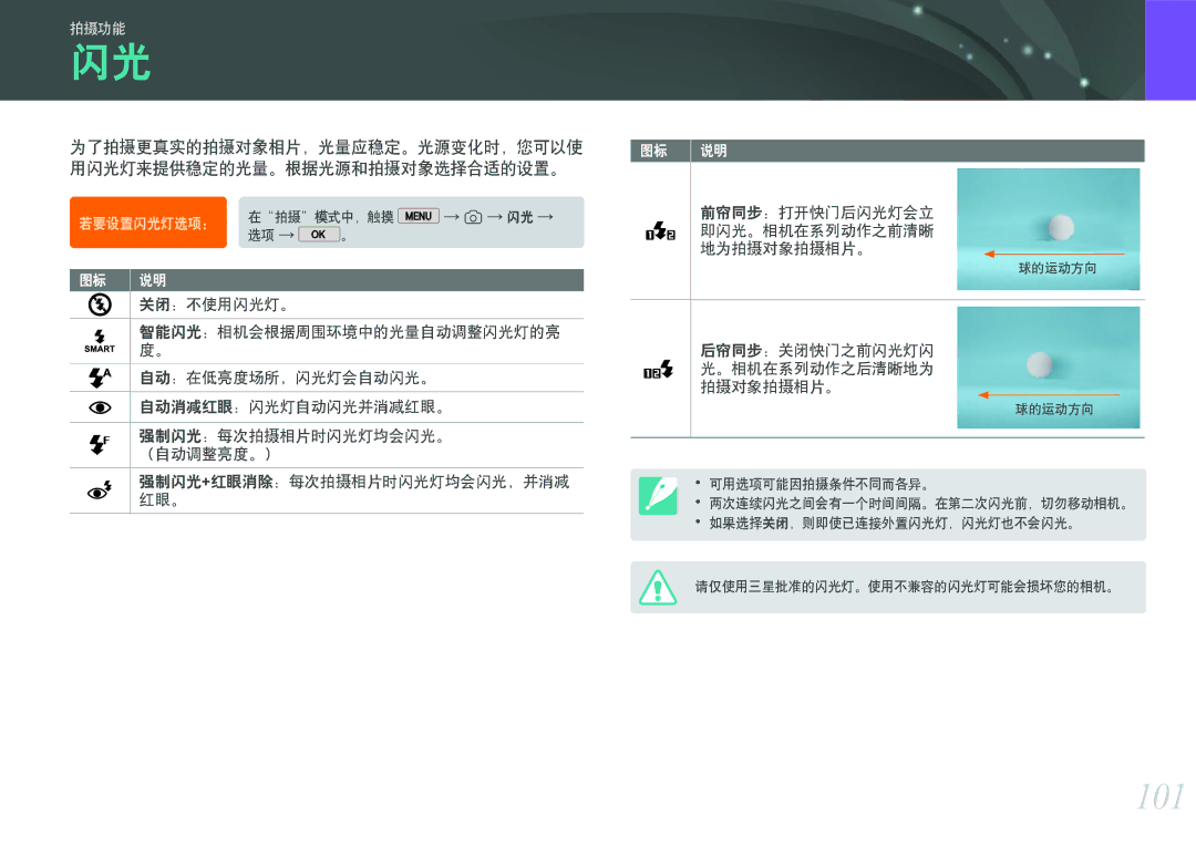 Samsung EV-NX2000BABHU, EV-NX2000BABDE, EV-NX2000BFWRO, EV-NX2000BFWHU manual 101, 后帘同步：关闭快门之前闪光灯闪 光。相机在系列动作之后清晰地为 拍摄对象拍摄相片。 