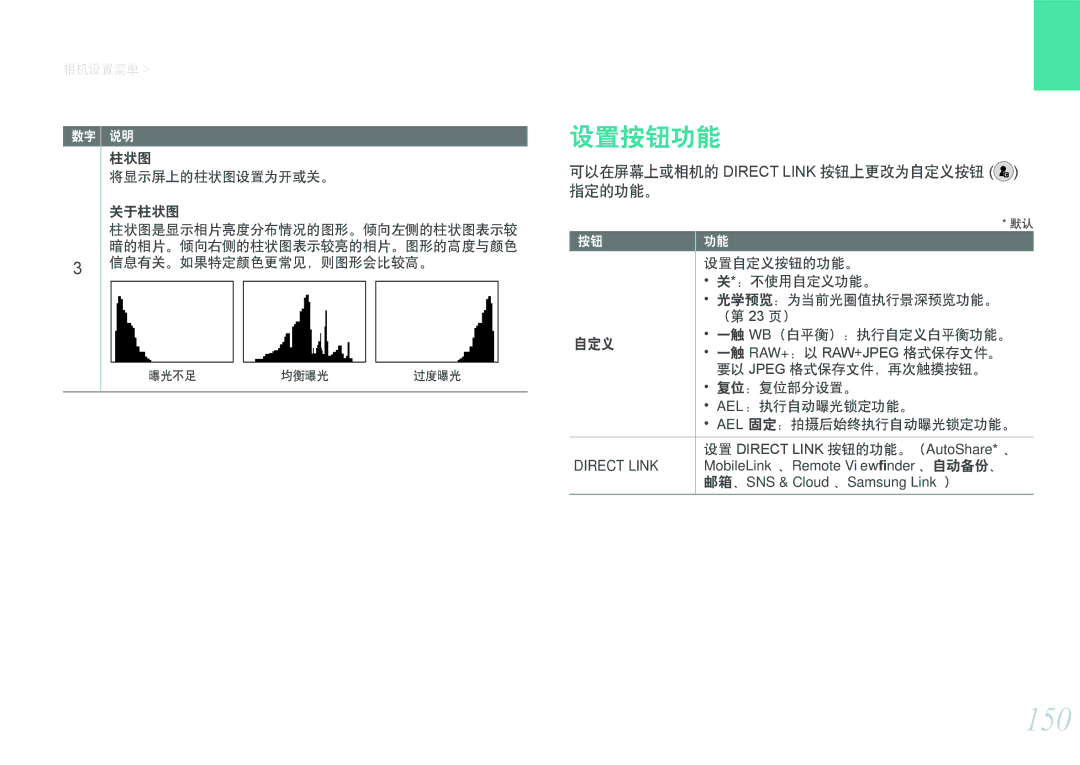 Samsung EV-NX2000BFWHU, EV-NX2000BABDE, EV-NX2000BFWRO manual 150, 设置按钮功能, 可以在屏幕上或相机的 Direct Link 按钮上更改为自定义按钮 F 指定的功能。 