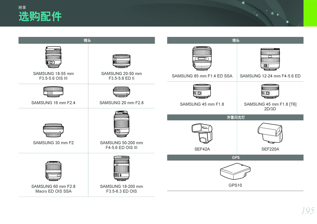 Samsung EV-NX2000BABDE, EV-NX2000BFWRO, EV-NX2000BABHU, EV-NX2000BFWHU manual 选购配件, 195 