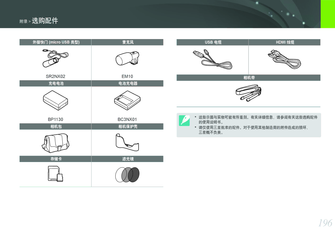 Samsung EV-NX2000BFWRO, EV-NX2000BABDE, EV-NX2000BABHU, EV-NX2000BFWHU manual 196, 附录 选购配件 