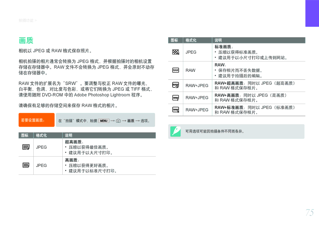 Samsung EV-NX2000BABDE, EV-NX2000BFWRO, EV-NX2000BABHU, EV-NX2000BFWHU manual 拍摄功能 尺寸和分辨率, 请确保有足够的存储空间来保存 Raw 格式的相片。 