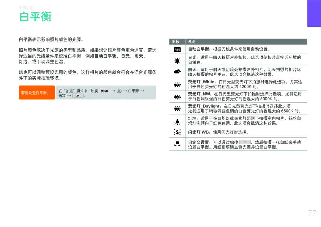 Samsung EV-NX2000BABHU, EV-NX2000BABDE, EV-NX2000BFWRO, EV-NX2000BFWHU manual 白平衡 