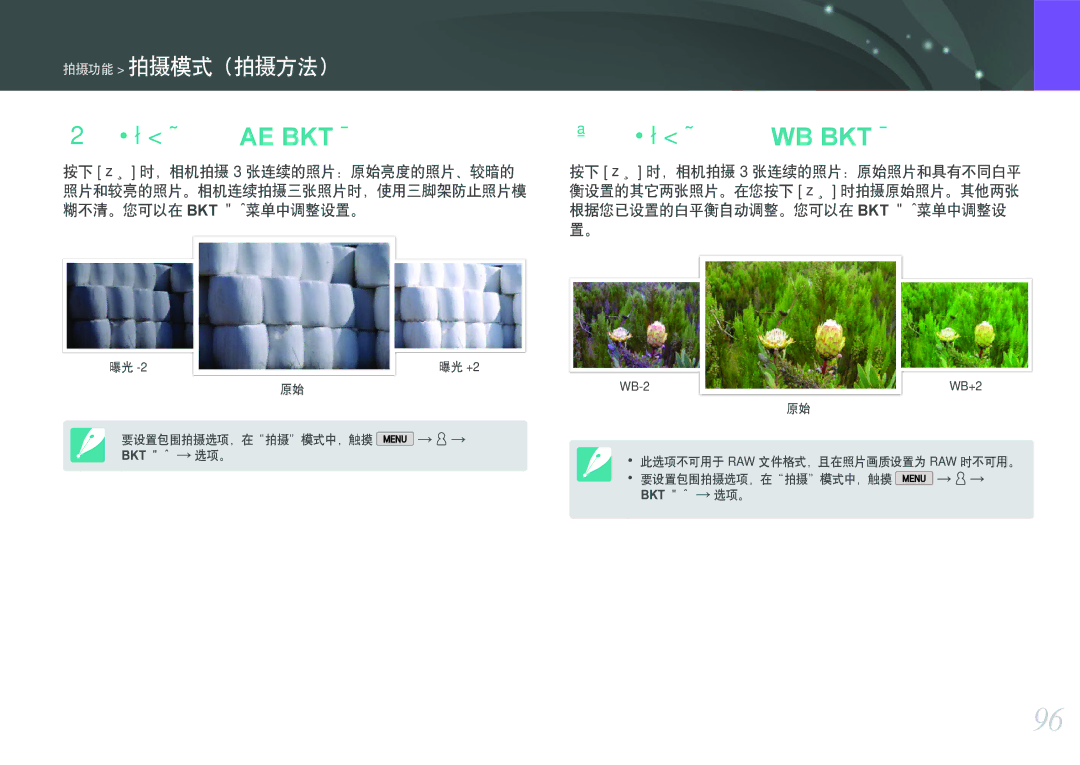 Samsung EV-NX2000BFWRO, EV-NX2000BABDE, EV-NX2000BABHU manual 自动包围曝光（Ae Bkt）, 白平衡包围曝光（Wb Bkt）, 糊不清。您可以在 Bkt 设置菜单中调整设置。 