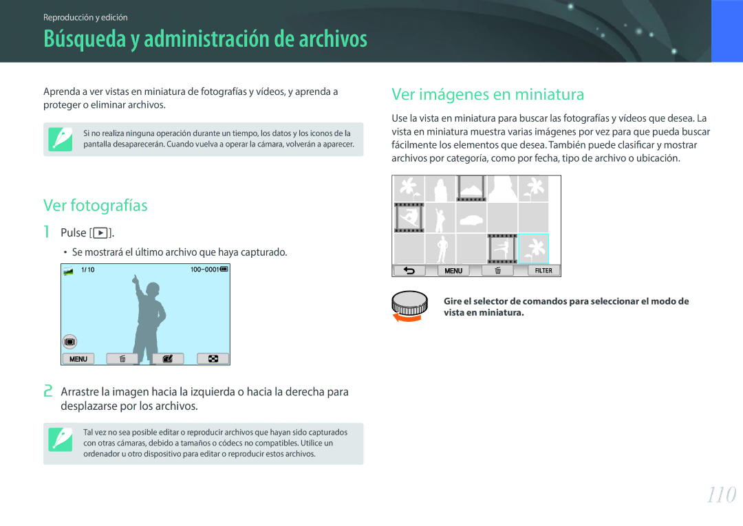 Samsung EV-NX2000BABES, EV-NX2000BFWIL, EV-NX2000BFWES manual 110, Ver imágenes en miniatura, Ver fotografías, Pulse z 