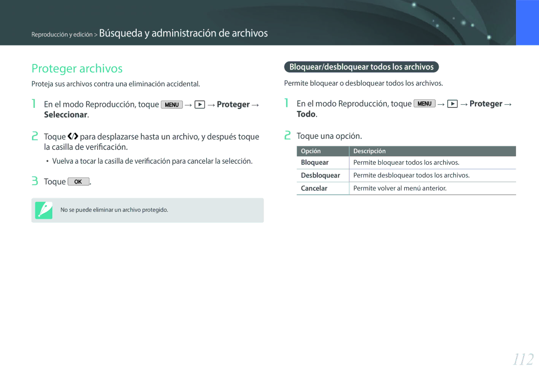 Samsung EV-NX2000BFWES, EV-NX2000BABES, EV-NX2000BFWIL manual 112, Proteger archivos, Bloquear/desbloquear todos los archivos 