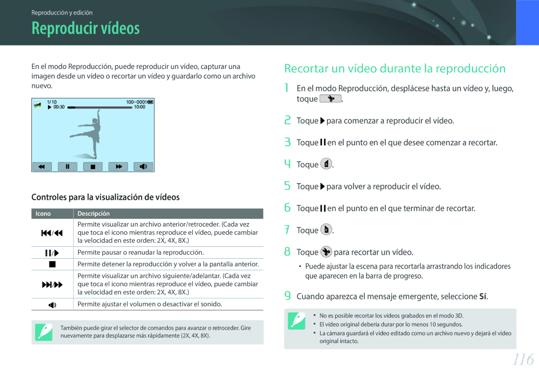 Samsung EV-NX2000BABES, EV-NX2000BFWIL, EV-NX2000BFWES Reproducir vídeos, 116, Recortar un vídeo durante la reproducción 