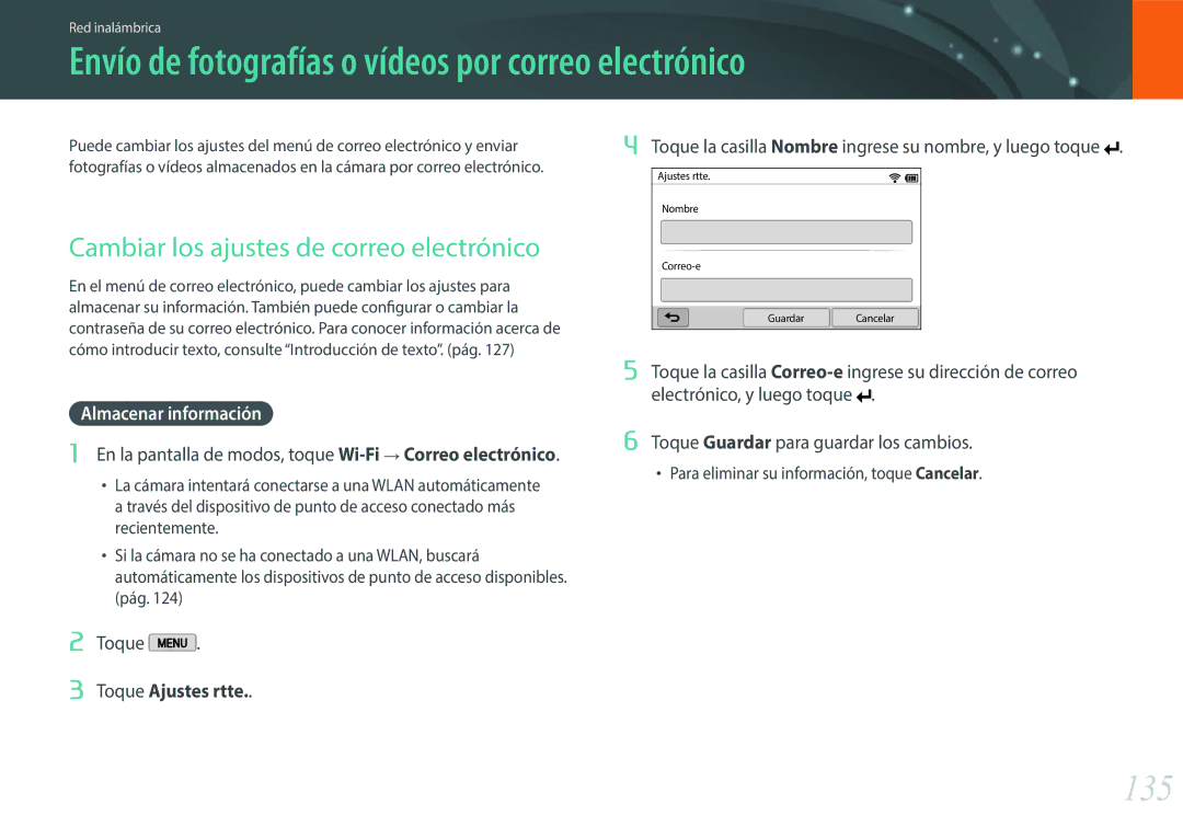 Samsung EV-NX2000BFWIL, EV-NX2000BABES Envío de fotografías o vídeos por correo electrónico, 135, Almacenar información 